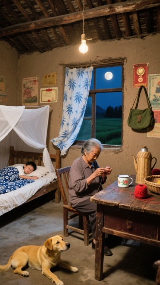 乡村室内场景，土坯墙壁，木质屋顶，老旧的灯泡悬挂房间中，。左侧木床，床上有白色蚊帐，小孩盖着蓝白花纹被子熟睡。右侧木桌，桌上有竹编水壶、带花卉图案的白色茶杯、篮子、红色线团等，一位老奶奶坐在木椅上，正在做针线活。窗户挂着蓝白竹叶图案窗帘，窗帘随风飘动，窗外是夜晚田野和明月。墙上贴着老旧的复古海报、旧奖状，挂着老旧绿色挎包。地面是水泥地，一只黄色土狗趴在地上。复古写实风格，全景景别。