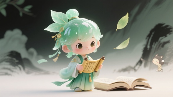 中国风吉祥物孩童，半透明玉绿发如桐叶，着渐变青绿汉服持金书古卷，旁有书页叶飘，吉卜力水墨风，哑光3D，8k，3:4 --niji 6 