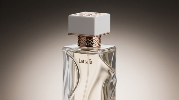 lattafa香水瓶设计，玻璃中高瓶，方瓶流线曲面，塑盖，金属配饰具有阿拉伯元素，简约，细节，新锐现代感。