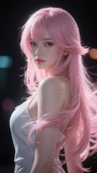 yae miko扮演的赤木晴子，pink hair,3D高精度建模渲染，真人模仿，一比一还原，远景，全身照，身体被黑暗遮挡，脸被淡淡的渐变粉灰色光照亮，神奇，梦幻，Cosplay，经典造型，角色扮演，微距镜头，眼部特写，害羞的样子，超高清，超细腻的画面细节，真实的皮肤纹理，究极细节，白皙柔嫩的皮肤，光滑细腻的皮肤，飞扬的头发，细节丰富的发丝，宁静优雅，布满水珠的皮肤，氛围感，32K，超逼真的皮肤纹理，超级详细，高度细节，注重细节，明暗对比，究极细节，大师级光影，层次感，立体感，极致的光线，发细腻，发丝细腻，主题描述词：微醺状态下飘动的长发，王家卫电影胶片颗粒质感 美学词：柔焦处理的高斯模糊效果，明暗交错的戏剧性光影，虚实结合的构图张力，专业词：35mm胶片模拟，f/1.4大光圈浅景深，±2档曝光补偿控制暗部细节，双色温闪光灯布光，背景光斑虚化处理，Dolby Vision动态范围，彩色光斑，优雅姿韵，白白净净肌肤被照亮细滑细腻，穿着10号球衣, 左右两边是樱木花道和流川枫