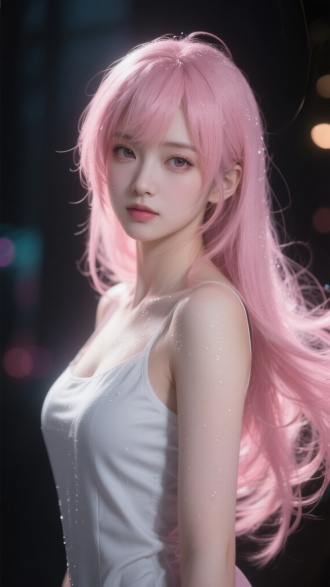 yae miko扮演的赤木晴子，pink hair,3D高精度建模渲染，真人模仿，一比一还原，远景，全身照，身体被黑暗遮挡，脸被淡淡的渐变粉灰色光照亮，神奇，梦幻，Cosplay，经典造型，角色扮演，微距镜头，眼部特写，害羞的样子，超高清，超细腻的画面细节，真实的皮肤纹理，究极细节，白皙柔嫩的皮肤，光滑细腻的皮肤，飞扬的头发，细节丰富的发丝，宁静优雅，布满水珠的皮肤，氛围感，32K，超逼真的皮肤纹理，超级详细，高度细节，注重细节，明暗对比，究极细节，大师级光影，层次感，立体感，极致的光线，发细腻，发丝细腻，主题描述词：微醺状态下飘动的长发，王家卫电影胶片颗粒质感 美学词：柔焦处理的高斯模糊效果，明暗交错的戏剧性光影，虚实结合的构图张力，专业词：35mm胶片模拟，f/1.4大光圈浅景深，±2档曝光补偿控制暗部细节，双色温闪光灯布光，背景光斑虚化处理，Dolby Vision动态范围，彩色光斑，优雅姿韵，白白净净肌肤被照亮细滑细腻，穿着10号球衣, 左右两边是樱木花道和流川枫