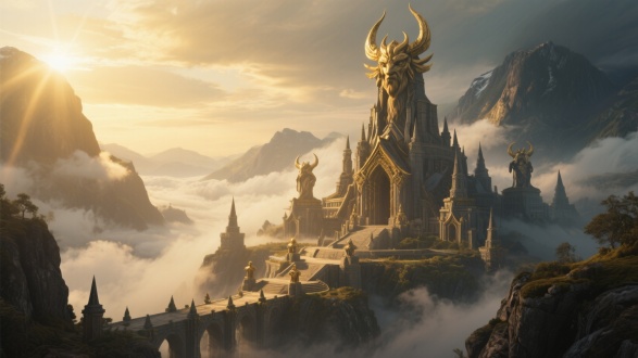 北欧神话神域，众神居所，神秘玄幻，震撼人心，极致想象，北欧风光，压迫感强烈，精细刻画，魔幻电影，顶级特效，宏伟建筑，云雾缭绕，金色阳光，广角镜头，高动态范围，自然光，细节丰富，色彩鲜明，敬畏感。 