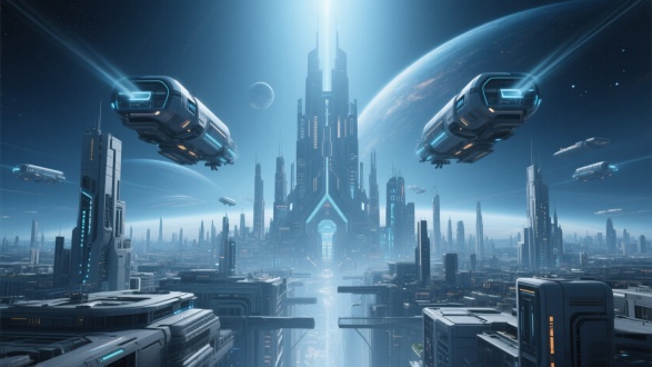 外星文明城市，未来科技，震撼人心，极致想象力，对称构图，超现实风格，星际背景，冷色调，长焦镜头，顶光，高动态范围，未来建筑，悬浮交通工具，神秘感，科技感。