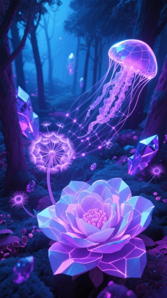 俯瞰水晶森林生态，量子水母与全息蒲公英孢子互动成光能网格，茶花花瓣有流体纹理，低多边形抽象，双色调霓虹紫蓝光照，超现实科幻风