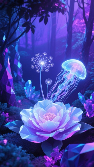俯瞰水晶森林生态，量子水母与全息蒲公英孢子互动成光能网格，茶花花瓣有流体纹理，低多边形抽象，双色调霓虹紫蓝光照，超现实科幻风