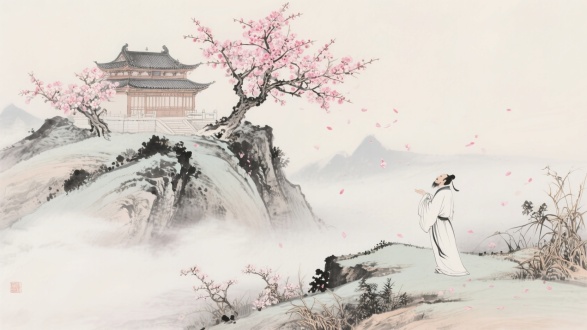 Ancient Chinese temple on mountain peak, a peach tree in full bloom, Tang dynasty poet admiring flowers, soft pink petals floating in mist, ink painting style, serene atmosphere, ethereal light --ar 16:9  Contrast between vibrant peach blossoms and withered plants below, symbolic of spring's transition, Chinese philosophical aesthetic  