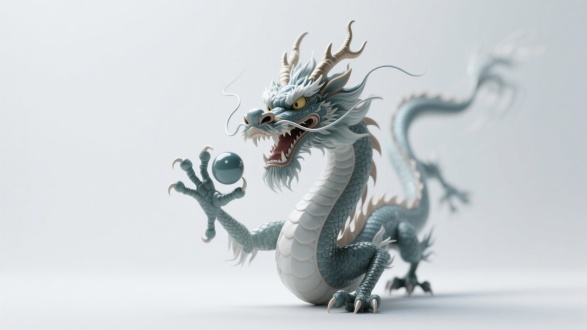 中国龙舞爪戏珠，居中构图，白色背景，3D风格，冷色调，特写镜头，顶光，动态奇幻，逼真。 