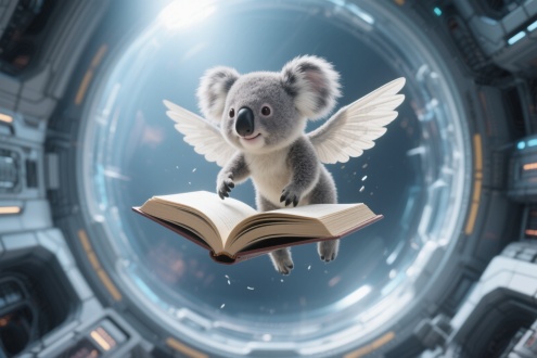 考拉宝宝以打开的书为翅膀在飞船真空悬浮，三分法构图，科幻风，冷色调，鱼眼镜头，逆光，慢快门，漂浮，梦幻。 