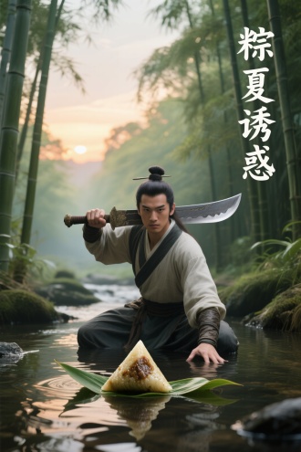 广告海报，主标题以瘦金体书写“粽夏诱惑”竖放在画面右上方，字体偏小，竹林里，一位古代壮士单膝跪于溪水上，一手握大刀，大刀横向放在脖子后方，一手撑在水面上，眼睛望着正前方，正前方溪水上放着三角粽子，真实拍摄，正面构图，突出产品，黄昏，景深，整体画面清新，淡雅