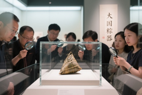 标题以瘦金体书写“大国粽器”小字竖放在画面左侧，明亮的博物馆里，中间一个玻璃展示台，里面放着一个陈旧的粽子，玻璃台四周围着许多人，拿着放大镜在看粽子，近景，特写，真实拍摄，高级感