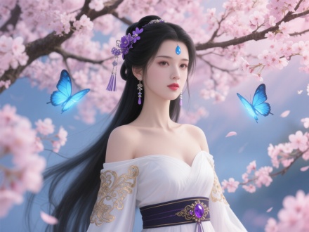 画面呈现一位古韵悠然的女子，整体画风细腻逼真，质感卓越。她拥有一头乌黑亮丽的长发，发丝根根分明，细腻顺滑，头戴精致华丽的紫色系发饰，搭配流苏摇曳的耳饰，耳饰坠饰闪烁微光，增添灵动。面部妆容细腻入微，唇色鲜艳如樱，额间点缀蓝色水滴状额饰，双眸含情，眼妆精致，眉如远山。身着一袭白色露肩长裙，肩部线条柔美，袖口宽松且饰有繁复的金色花纹，针线纹理清晰可见，腰间束着深色腰带，腰带上镶嵌紫色宝石，与发饰呼应，凸显高贵。背景为繁茂的樱花树，树枝纵横交错，粉色樱花层层叠叠，花瓣质感逼真，似有微风轻拂，部分花瓣微微颤动。空中飞舞着几只蓝色发光蝴蝶，翅膀纹理清晰，光芒柔和梦幻，为画面注入灵动感。光线采用柔焦处理，冷调的蓝与暖调的粉交织，在人物身上形成细腻的光影过渡，突出其优雅身姿。整体色彩搭配和谐，从人物服饰的纹理到背景樱花的层次，再到蝴蝶光芒的渐变，皆展现出 cg 动画极致的精致与唯美，营造出浪漫且梦幻的氛围，仿佛将观者带入一个诗意的古风幻境。cg风格

