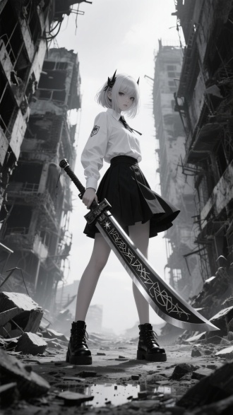 赛博哥特末日废墟，银发少女持巨型刻符长刀，白衫黑裙黑皮鞋，低视角仰拍，中轴线构图，黑白冷调，超现实氛围，4K精细，战损场景。 
