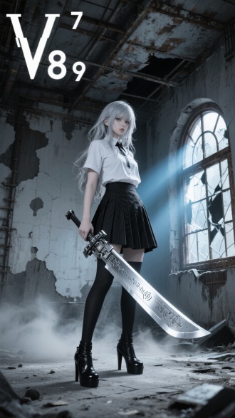 (赛博哥特风格),(末日废墟),银发少女,浅灰色长发凌乱,白色短袖衬衫,黑色百褶短裙,黑色细高跟皮鞋,手持巨型银色长刀,刀身刻满机械符文,破败的封闭空间,剥落的灰泥墙壁,拱形木框碎玻璃窗,冷蓝色斜射光线,灰尘弥漫的地面,锈蚀金属支架,天花板低视角仰拍,中轴线构图,明暗对比强烈,黑白色调,银色金属光泽,数字"V V"左上角,工业字体"7 8 9"右下角,冷冽科技感,超现实氛围,4K超精细,复杂光影,(战损场景:1.3)