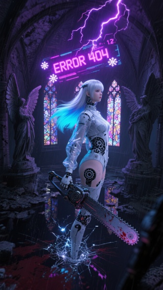 (赛博哥特式霓虹废墟),(暴雨夜战损教堂),银发机械姬,发尾渐变荧光蓝,半透明破损防护服,腰部外露齿轮关节,悬浮裂解式链锯剑,教堂彩窗碎片悬浮,紫色闪电穿透穹顶,积水倒映锈蚀天使雕像,俯视视角,高速动态模糊,(霓虹红渍:1.2),数字"ERROR 404"漂浮空中,故障雪花屏特效,(科技宗教对冲感),8K电影级渲染