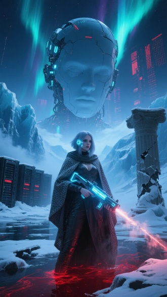 量子朋克极地),(破碎数据冰川),灰蓝发黑客女皇,面部神经接口发光,纳米编织斗篷,手持全息熵裂枪,冰川内嵌古代服务器阵列,红色错误代码如红色液流淌,极光中浮现机械巨脸,冰面倒置城市投影,对角线构图,(荧光蓝vs猩红:1.4),低温蒸汽弥漫,破碎罗马柱半埋雪中,(古典文明与数字崩坏),光线追踪特效