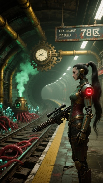 (蒸汽赛博地铁站),(异维度锈蚀月台),双马尾人形兵器,右眼机械义体红光,维多利亚束腰装甲,磁轨狙击炮折叠状态,列车残骸生长红色的肉触须,站牌显示未知站名"78区",黄铜管道喷涌绿色蒸汽,钟表齿轮悬浮组成日蚀,隧道深处瞳孔状光源,(铜绿锈+猩红的管:1.3),铁轨蔓生晶体簇,逆向透视空间扭曲,(克苏鲁式科技恐惧),H.R.吉格风格纹理