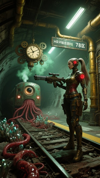 (蒸汽赛博地铁站),(异维度锈蚀月台),双马尾人形兵器,右眼机械义体红光,维多利亚束腰装甲,磁轨狙击炮折叠状态,列车残骸生长红色的肉触须,站牌显示未知站名"78区",黄铜管道喷涌绿色蒸汽,钟表齿轮悬浮组成日蚀,隧道深处瞳孔状光源,(铜绿锈+猩红的管:1.3),铁轨蔓生晶体簇,逆向透视空间扭曲,(克苏鲁式科技恐惧),H.R.吉格风格纹理