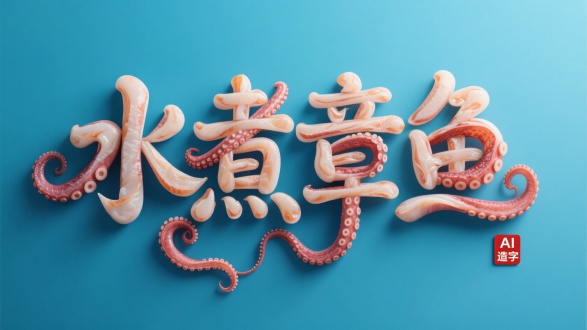 创意艺术字体设计,文字“水煮章鱼"由真实的新鲜的章鱼身体拼接而成,采用花体字,有连笔。文字笔画有逼真的章鱼纹理。水蓝色背景,超高清8K画质展现立体结构的精密感,使用C4D和OC渲染器实现高细节与景深效果,右下方有个极小的正方形红色文印“AI造字”。