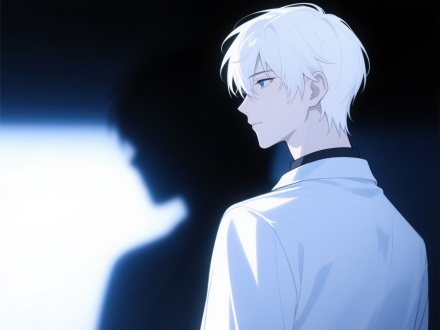 动漫小说白发男主高冷帅气侧脸头像，三分构图，动漫风，暗室，特写镜头，逆光，冷峻神情，蓝白配色，疏离感。 