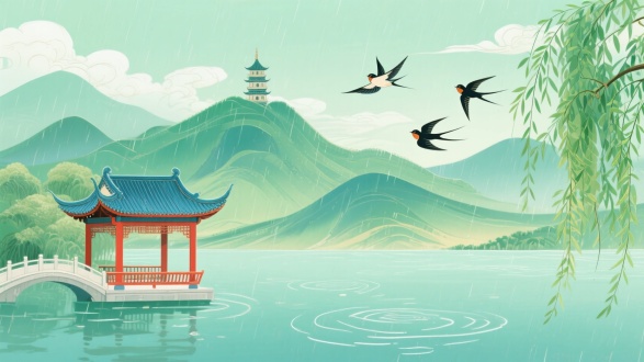 一幅中式古典山水景致，国潮风，采用横版构图。画面左侧，一座传统中式亭子矗立在水边，亭子红柱蓝瓦，飞檐翘角，尽显典雅。亭子旁有一座桥连接岸边与水面，桥身线条简洁。画面右侧，垂柳枝条低垂，柳叶翠绿。三只燕子在空中飞翔，身姿灵动，为画面增添生机。
远景处，连绵山峦呈现出深浅不一的绿色，层次分明。山顶上方，一座宝塔矗立，古朴庄重。天空呈淡绿色，飘着云朵，还有细密的雨丝洒落，水面泛起层层涟漪。整幅画色彩清新明快，画风细腻，营造出宁静悠远、烟雨濛濛的中式诗意氛围。
