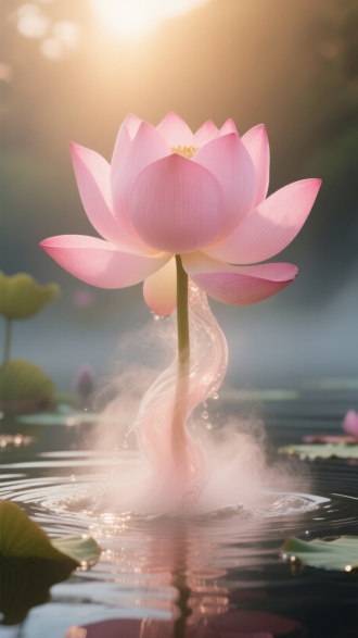 巨大粉色荷花精从水面升起，周围水汽缭绕，朦胧背景，三分法构图，暖色调，长焦镜头，逆光，慢快门，梦幻，史诗感。 