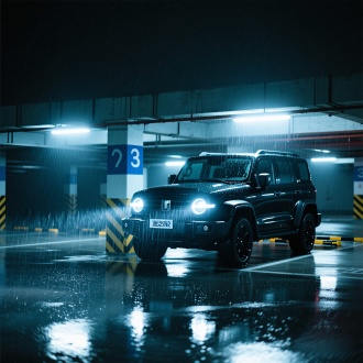 一辆黑色色的坦克300，停在一座停车场里，夜晚，下着大雨