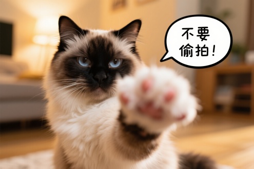 重点色布偶猫（脸部黑色），嫌弃表情，三分法构图，室内温馨环境，柔焦效果，暖黄侧光，特写镜头，放松情绪，暖色调。一只爪子伸向镜头（遮住部分镜头）， 布偶猫说一句话“不要偷拍”，参考漫画人物说话的气泡框方式
