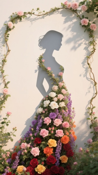 生成一幅艺术图像：主体为女性侧身剪影（浅灰渐变阴影，非纯黑），裙摆由蔷薇、月季、紫藤等花卉自然填充，花朵完全贴合剪影裙摆轮廓（底部深红、橙黄，中部粉、紫，上部白、浅粉的鲜花，色彩渐变，形态随裙摆收放）。藤蔓从剪影头顶、肩头、裙摆缠绕，与轮廓无缝衔接（如爬上发丝、缠绕手臂）。风格：自然艺术共生，浪漫奇幻，暖春色系（花朵明艳，墙面米白，剪影浅灰）。构图：中心近景特写，对称花卉框架（顶部和两侧藤蔓向中心延伸，底部花朵铺满裙摆）。光影：侧逆光（右上角），花朵明暗立体，剪影带光影渐变，墙面投射斑驳花影。细节：剪影边缘柔和，花瓣纹理清晰，藤蔓自然扭曲，色彩和谐（暖花+暖墙+灰剪影）。环境：浅米色墙面的户外花园，阳光明媚，背景简洁。质量：4K超高清，细节极致，光影自然，创意独特（花卉与剪影共生，艺术感染力强）。