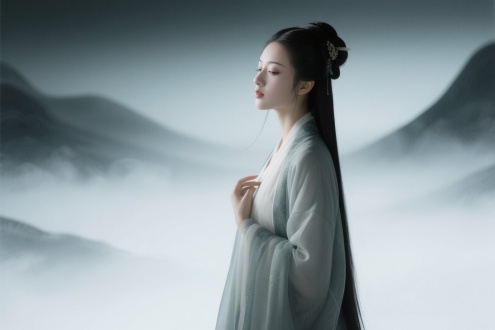 古典美女；呼吸感/Breathing Rhythm
2、交界处做羽化处理/Feathering Treatment at Transitions 
3、虚实渐变呼吸节奏/Gradient of Reality and Illusion with Rhythmic Breath 
4、轮廓光通透感/Contour Light Translucency 
5、动态雾气/Dynamic Mist 
6、运用空气透视原理强化景深层次/Applying Atmospheric Perspective to Enhance Depth 
7、禅意古风/Zen-inspired Ancient Aesthetic 
8、留白/leave a message
9/韵律线条捕捉动态张力/Rhythmic Lines Capturing Dynamic Tension
10、明暗对比塑造立体层次/Light and Shadow Contrast for Dimensional Layers