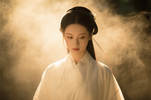 古典美女，居中构图，禅意古风，动态雾气环绕，轮廓光通透，明暗对比强，韵律线条，暖黄调，恬静，85mm镜头。 