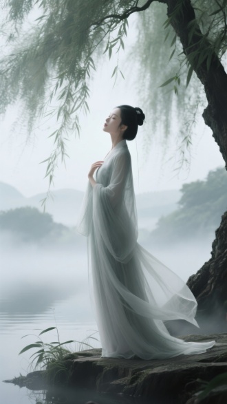 柳树下古典美女；呼吸感/Breathing Rhythm
2、交界处做羽化处理/Feathering Treatment at Transitions 
3、虚实渐变呼吸节奏/Gradient of Reality and Illusion with Rhythmic Breath 
4、轮廓光通透感/Contour Light Translucency 
5、动态雾气/Dynamic Mist 
6、运用空气透视原理强化景深层次/Applying Atmospheric Perspective to Enhance Depth 
7、禅意古风/Zen-inspired Ancient Aesthetic 
8、留白/leave a message
9/韵律线条捕捉动态张力/Rhythmic Lines Capturing Dynamic Tension
10、明暗对比塑造立体层次/Light and Shadow Contrast for Dimensional Layers 4k