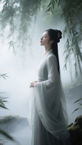 柳树下古典美女；呼吸感/Breathing Rhythm
2、交界处做羽化处理/Feathering Treatment at Transitions 
3、虚实渐变呼吸节奏/Gradient of Reality and Illusion with Rhythmic Breath 
4、轮廓光通透感/Contour Light Translucency 
5、动态雾气/Dynamic Mist 
6、运用空气透视原理强化景深层次/Applying Atmospheric Perspective to Enhance Depth 
7、禅意古风/Zen-inspired Ancient Aesthetic 
8、留白/leave a message
9/韵律线条捕捉动态张力/Rhythmic Lines Capturing Dynamic Tension
10、明暗对比塑造立体层次/Light and Shadow Contrast for Dimensional Layers 
4k画质