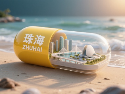 一个胶囊形状的创意微缩场景，胶囊横放着，胶囊一半为黄色，印有 白色的字“珠海” 和英文 “ZHUHAI”，另一半透明，展示珠海城市真实的特色建筑缩影珠港澳大桥和珠海大剧院，要包含在胶囊里面，不要超出，背景为海滩，整体风格3D渲染，具有梦幻感，使用 3D 建模软件如Blender或C4D制作，材质设置上注重光泽感，打光营造出柔和氛围，超详细，高清，HDR，电影般的构图，强调梦幻和未来感的美学，真实的纹理和光线增强了城市景观的真实性。