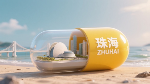一个胶囊形状的创意微缩场景，胶囊横放着，胶囊一半为黄色，印有 白色的字“珠海” 和英文 “ZHUHAI”，另一半透明，展示珠海城市真实的特色建筑缩影珠港澳大桥和珠海大剧院，要包含在胶囊里面，不要超出，背景为海滩，整体风格3D渲染，具有梦幻感，使用 3D 建模软件如Blender或C4D制作，材质设置上注重光泽感，打光营造出柔和氛围，超详细，高清，HDR，电影般的构图，强调梦幻和未来感的美学，真实的纹理和光线增强了城市景观的真实性。