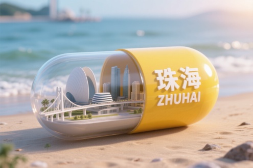 一个胶囊形状的创意微缩场景，胶囊横放着，胶囊一半为黄色，印有 白色的字“珠海” 和英文 “ZHUHAI”，另一半透明，展示珠海城市真实的特色建筑缩影珠港澳大桥和珠海大剧院，要包含在胶囊里面，不要超出，背景为海滩，整体风格3D渲染，具有梦幻感，使用 3D 建模软件如Blender或C4D制作，材质设置上注重光泽感，打光营造出柔和氛围，超详细，高清，HDR，电影般的构图，强调梦幻和未来感的美学，真实的纹理和光线增强了城市景观的真实性。