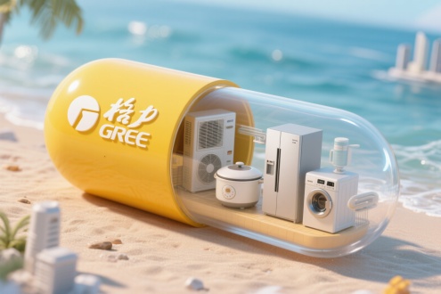 一个胶囊形状的创意微缩场景，胶囊横放着，胶囊一半为黄色，印有 白色的字“格力” 和英文 “GREE”，另一半透明，展示格力真实的产品缩影空调和电饭煲，洗衣机，冰箱，除湿机等家电产品，要包含在胶囊里面，不要超出，背景为海滩，整体风格3D渲染，具有梦幻感，使用 3D 建模软件如Blender或C4D制作，材质设置上注重光泽感，打光营造出柔和氛围，超详细，高清，HDR，电影般的构图，强调梦幻和未来感的美学，真实的纹理和光线增强了城市景观的真实性。