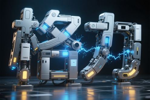 巨大的机械字体“格力”，居中正视图，其身体由家电产品拼接而成，表面闪烁着冷硬的金属光泽。各处关节均为机械结构，在光影下泛着幽微蓝光和幽微黄光。点点蓝光如同蕴含着强大能量的粒子，自身体内部隐隐透出，好似能量在体内奔涌流转。字体轮廓细节丰富完美，整体造型极具科技感，仿佛是来自未来世界的机械字体