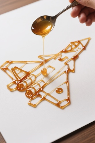 中国糖画设计，用勺子装糖汁在白色纸张画一个歼20，歼20细节可见糖汁线条，清晰明亮，立体