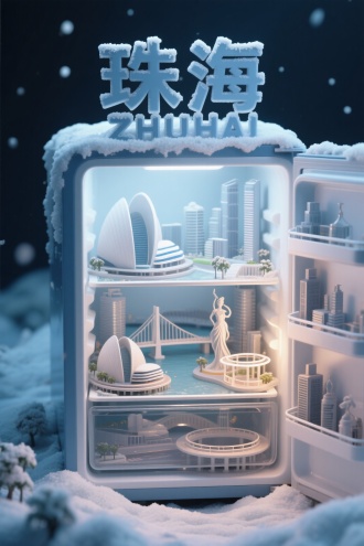 一个冰箱里的创意微缩场景，家里冰箱冷冻层装着一座珠海城市，里面有珠港澳大桥和珠海大剧院、珠海渔女和城市阳台等景观，冰箱的周围还有堆积的雪霜，顶部的雪霜组成了文字“珠海” 和英文 “ZHUHAI”，整体风格3D渲染，具有梦幻感，使用 3D 建模软件如Blender或C4D制作，材质设置上注重光泽感，打光营造出柔和氛围，超详细，高清，HDR，电影般的构图，强调梦幻和未来感的美学，真实的纹理和光线增强了城市景观的真实性。