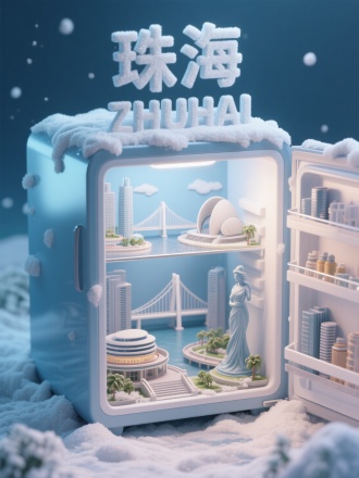 一个冰箱里的创意微缩场景，家里冰箱冷冻层装着一座珠海城市，里面有珠港澳大桥和珠海大剧院、珠海渔女和城市阳台等景观，冰箱的周围还有堆积的雪霜，顶部的雪霜组成了文字“珠海” 和英文 “ZHUHAI”，整体风格3D渲染，具有梦幻感，使用 3D 建模软件如Blender或C4D制作，材质设置上注重光泽感，打光营造出柔和氛围，超详细，高清，HDR，电影般的构图，强调梦幻和未来感的美学，真实的纹理和光线增强了城市景观的真实性。