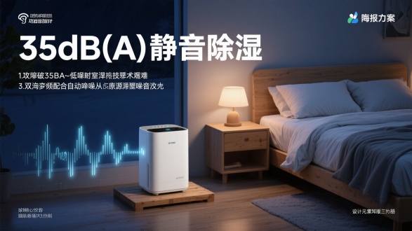 除湿机设计的海报方案，结合技术亮点与视觉吸引力，分为核心内容、设计元素和排版建议三部分：


主标题：
“35dB(A)静音除湿”

主要内容描述：
1.攻破35dB(A)低噪除湿技术难关
2.双变频配合主动降噪从根源压制噪音产生


画面中呈现夜晚环境下，一个温馨卧室中，一台除湿机在舒适的床边的木板上安静的工作，空间中浮现出噪声曲线