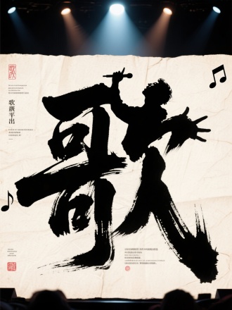 演出海報,『歌』字肢體延展成歌者剪影，水墨筆觸結合動態攝影效果，背景使用宣紙質感的舞台燈光