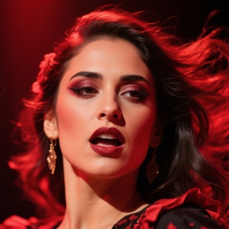 female flamenco dancer's close-up of the face, on stage, heavy makeup, passionate expression, close-up shot, a frontal view, warm lighting, predominantly red color scheme, in 32k high definition, passionate, flying hair.
