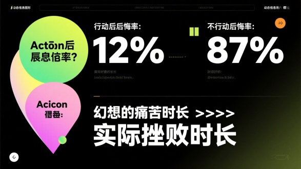 动态信息图：

"行动后后悔率：12%"

"不行动后悔率：87%"

"幻想的痛苦时长 >> 实际挫败时长"