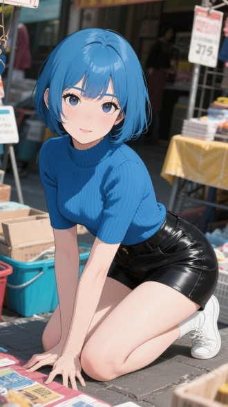 全身像，干练发型，东亚少女感，漫画脸，蓝色短发，黑色皮裤短裤，蓝色半袖紧身毛衣，跪在地摊上，活力满满，校园感，雪白的肌肤