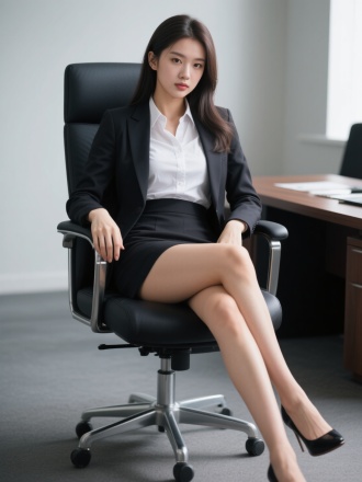西装衬衫配短裙翘腿坐在总裁办公椅上的年轻貌美女孩，高冷，眼神抚媚