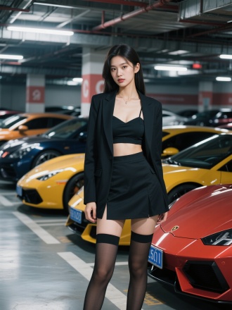 粉丝西装吊带内衬配短裙，长筒袜穿着的年轻貌美女孩，高冷，眼神抚媚，在停满跑车的地下停车场