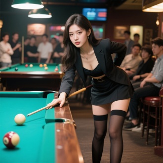 粉丝西装吊带内衬配短裙，长筒袜穿着的年轻貌美女孩，俯身全身照，高冷，眼神抚媚，在桌球厅打台球，后方很多人投来羡慕的眼光