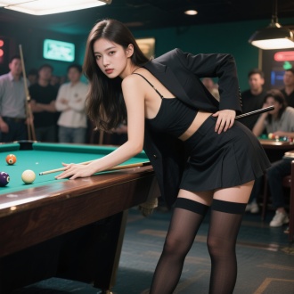 粉丝西装吊带内衬配短裙，长筒袜穿着的年轻貌美女孩，俯身全身照，高冷，眼神抚媚，在桌球厅打台球，后方很多人投来羡慕的眼光