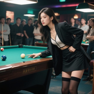 粉丝西装吊带内衬配短裙，长筒袜穿着的年轻貌美女孩，俯身全身照，侧脸高冷，眼神看向台球方向，在桌球厅打台球，后方很多人投来羡慕的眼光